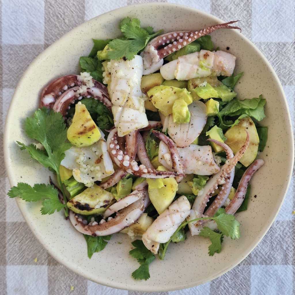 Green salad with grilled squid