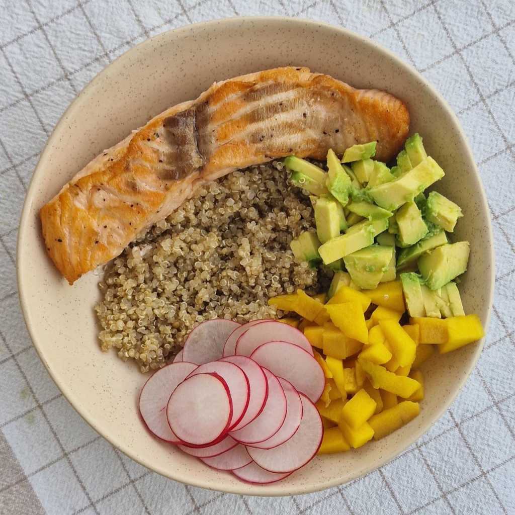 Salmon Quinoa Bowl with Avocado and Mango