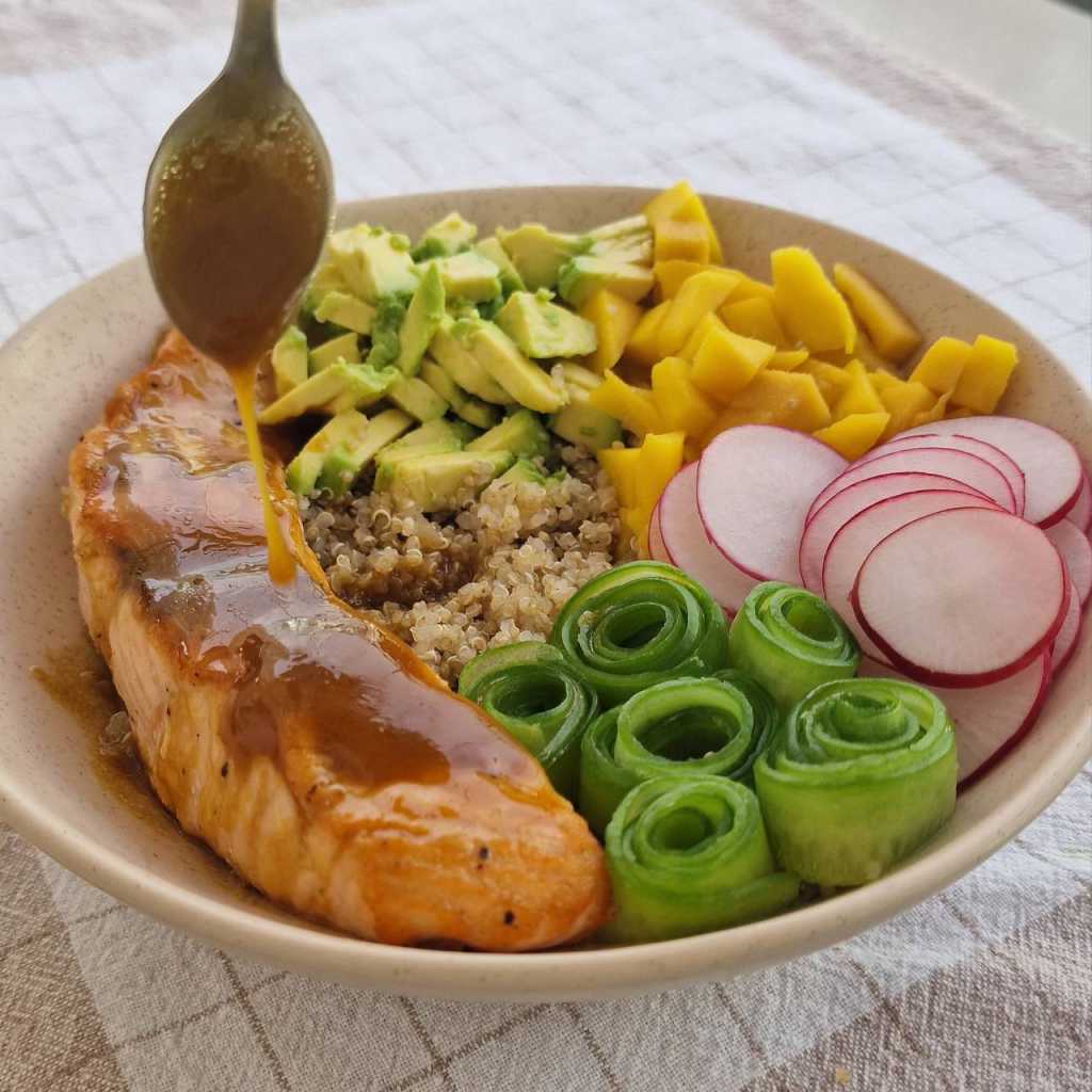 Salmon Quinoa Bowl with Avocado and Mango