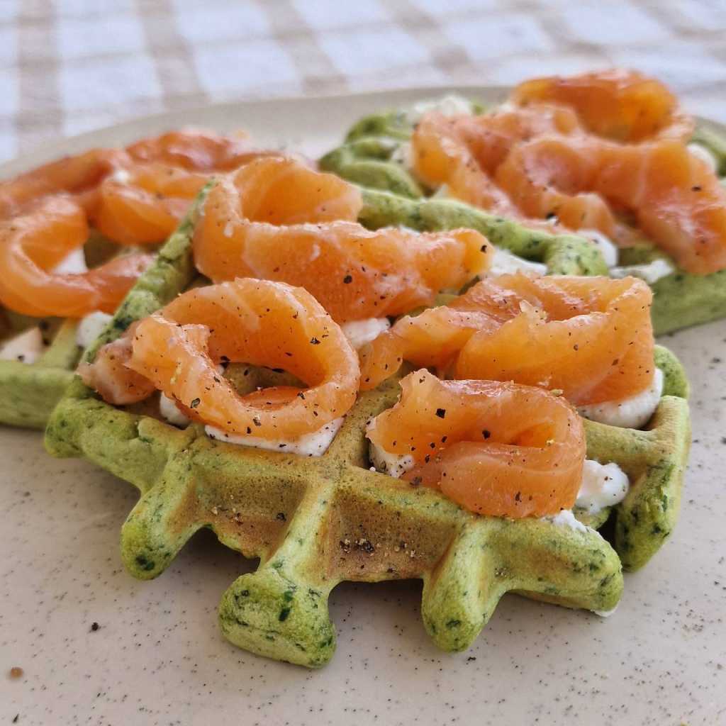 Spinach Waffles topped with Smoked Salmon and cream cheese