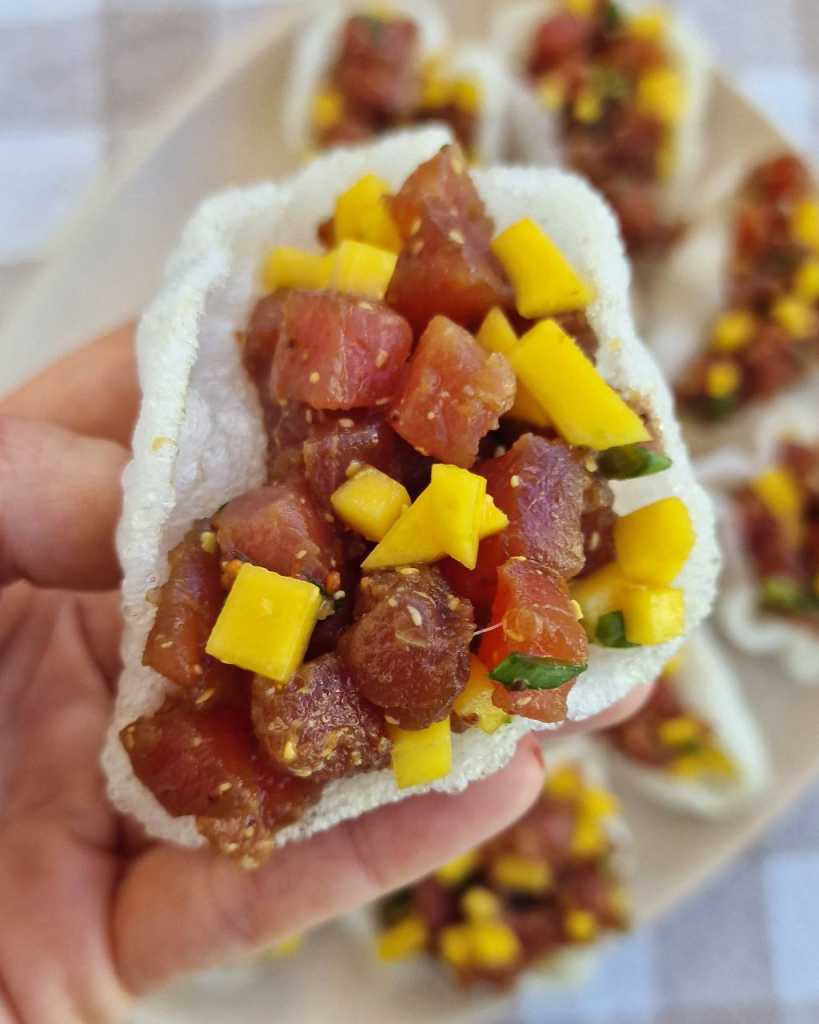 Tuna Tartare with Mango and Prawn Crackers recipe