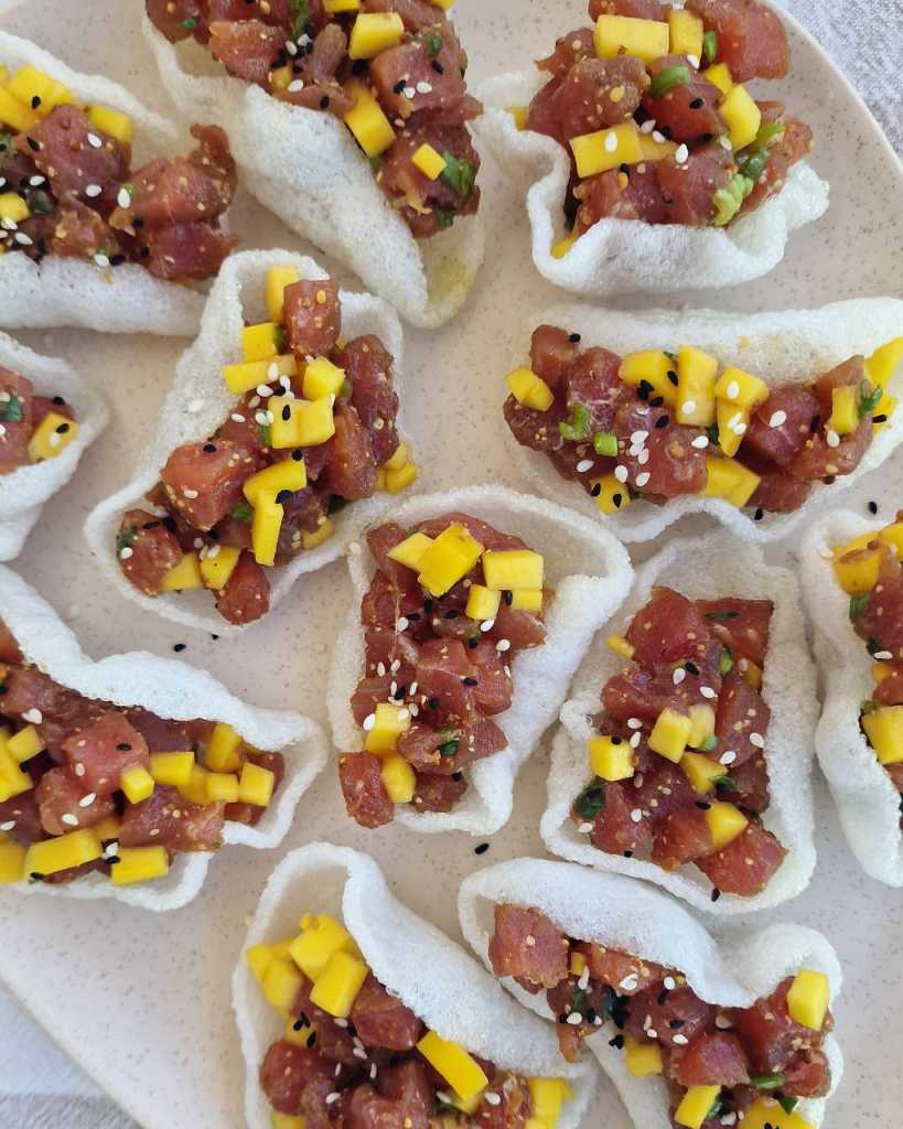 Tuna Tartare with Mango and Prawn Crackers recipe