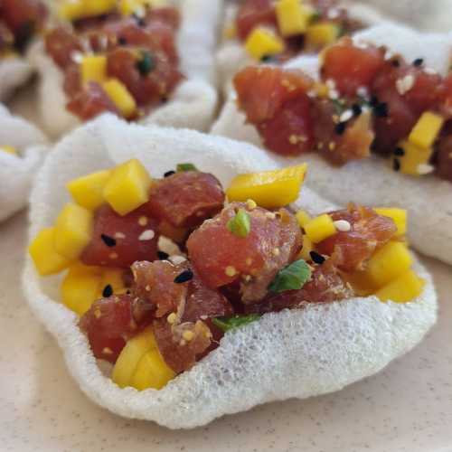 Tuna Tartare with Mango and Prawn Crackers recipe