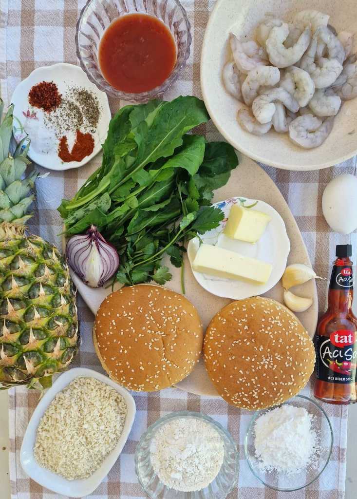 Crispy Shrimp Burger with pineapple ingredients