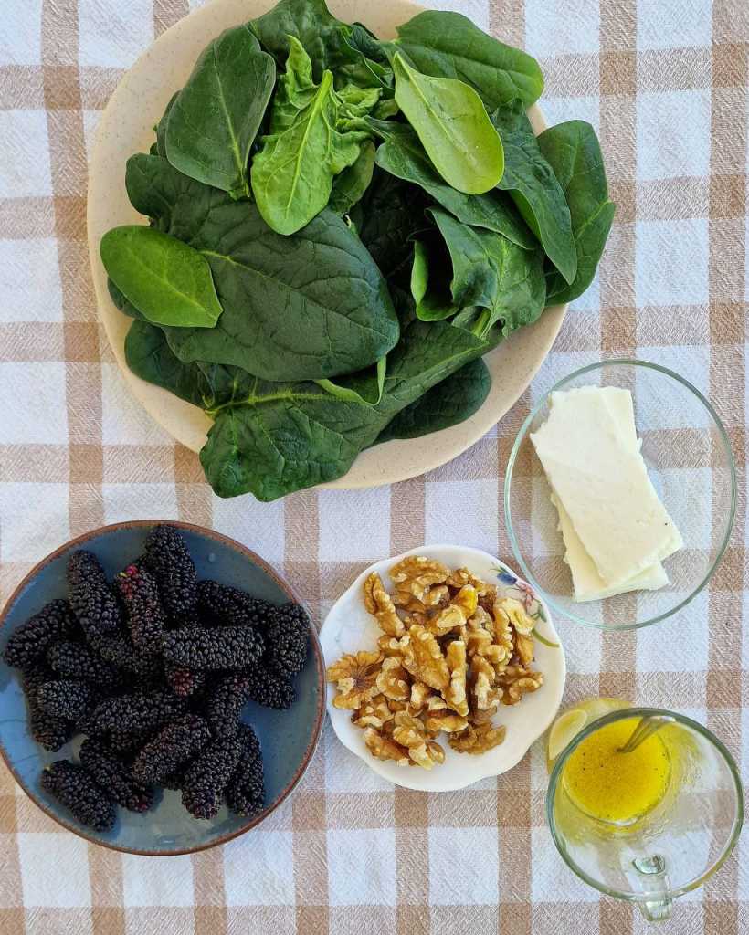 Mulberry Spinach Feta Walnuts Salad recipe ingredients