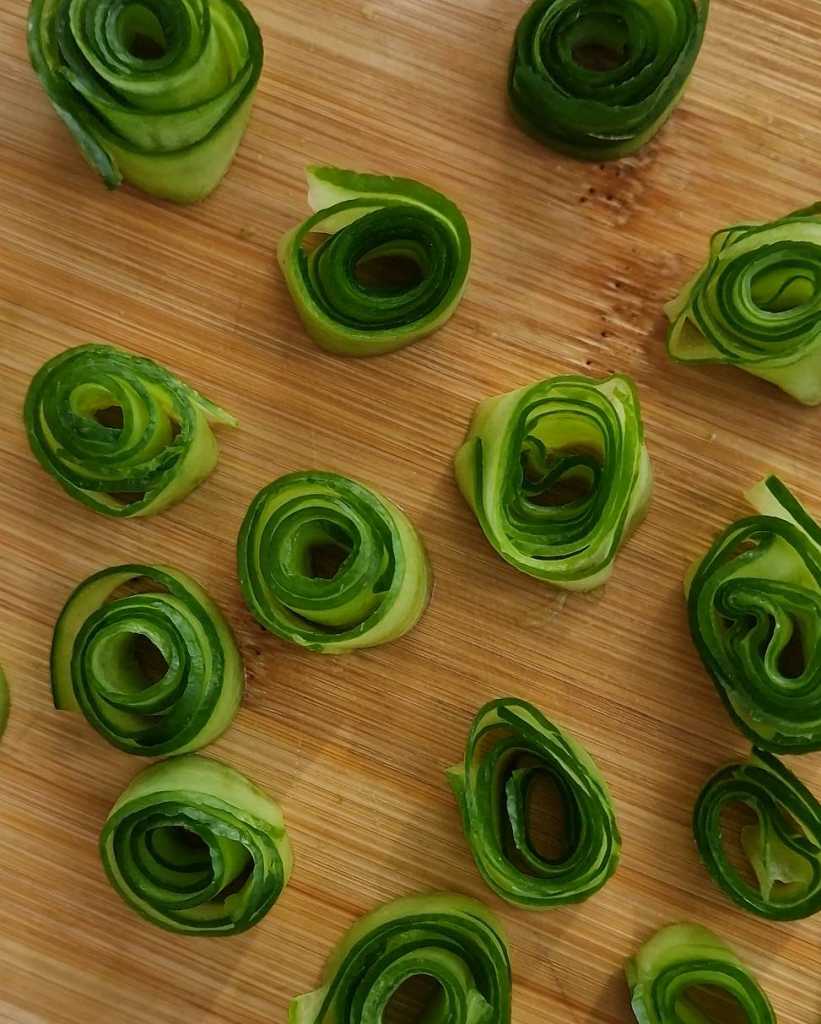 cucumber roses for Quinoa bowl with shrimp, oranges, avocado, and cucumbers recipe