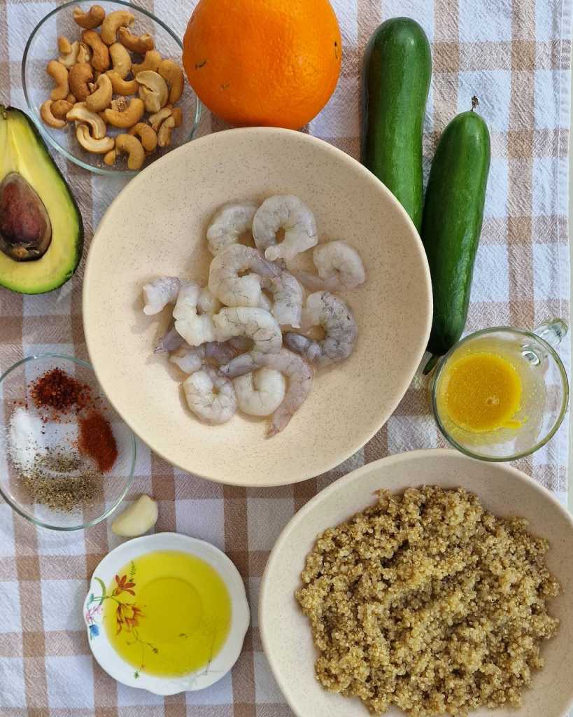 Quinoa bowl with shrimp, oranges, avocado, and cucumbers recipe ingredients