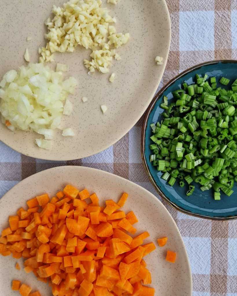 Chopped celery, onion, carrot and garlic