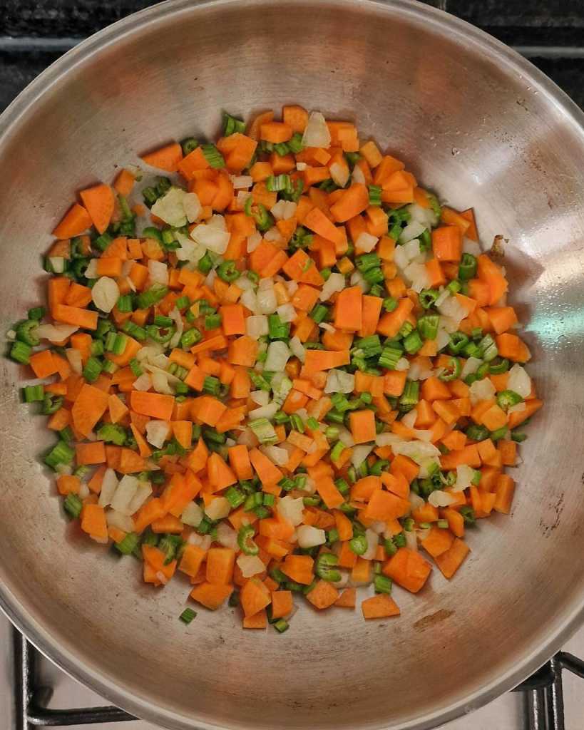  onion, celery and carrots stew for Seafood Soup with Coconut milk mussels, shrimp and sea bass recipe