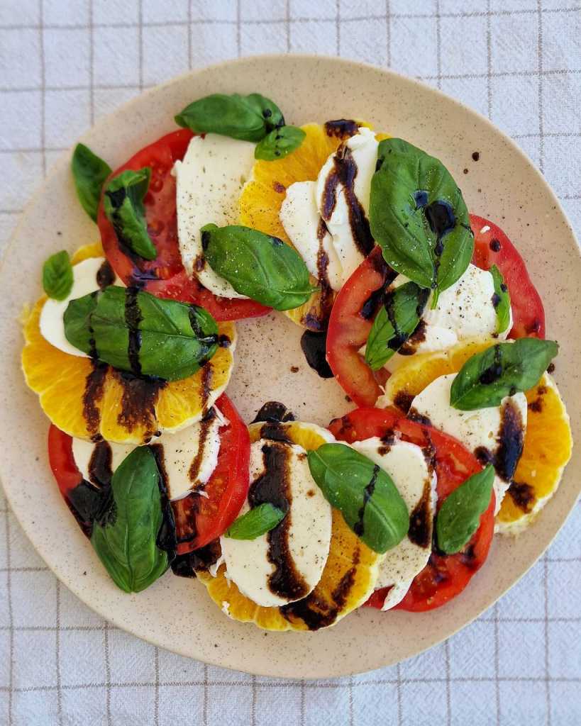 citrus caprese salad with orange, tomato, mozzarella, balsamic, basil recipe 