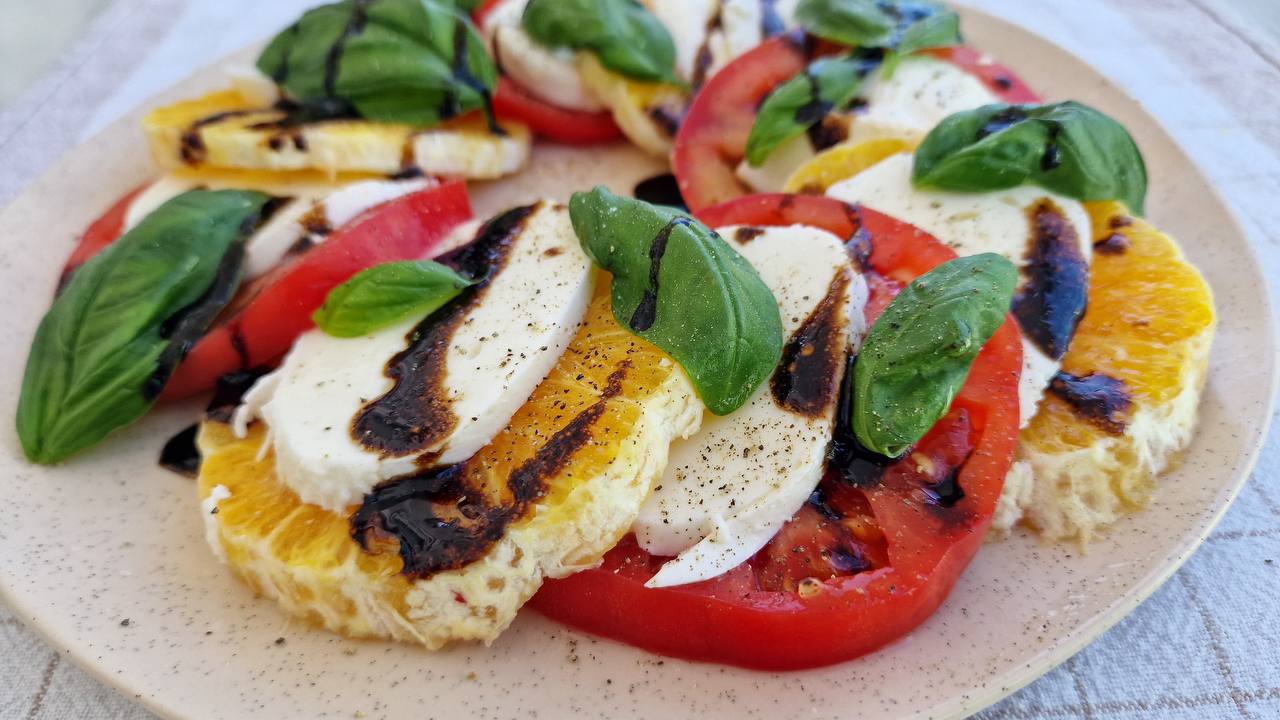 citrus caprese salad with orange, tomato, mozzarella, balsamic, basil recipe