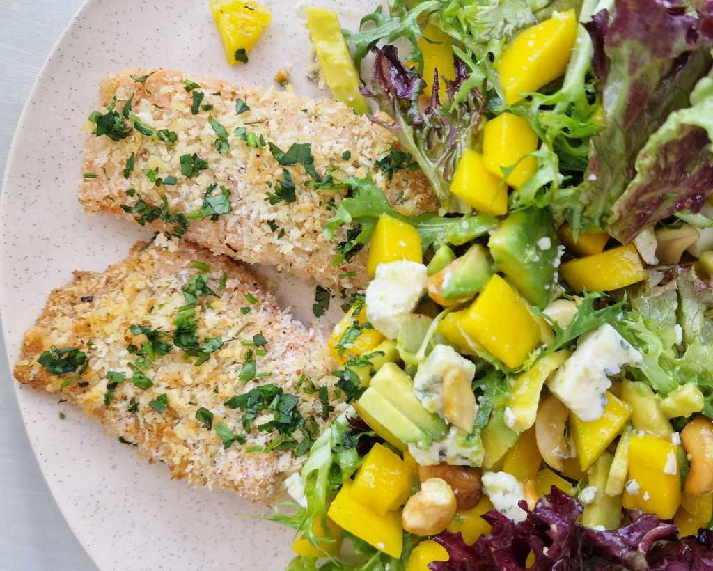 Baked Coconut Crusted Salmon with Mango, Avocado and Blue Cheese Salad