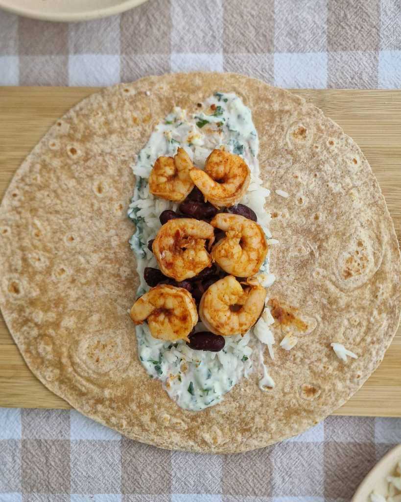 Healthy Shrimp Burrito with avocado, beans and yogurt recipe