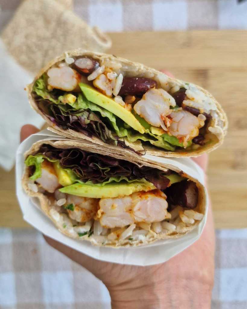 Healthy Shrimp Burrito with avocado, beans and yogurt recipe