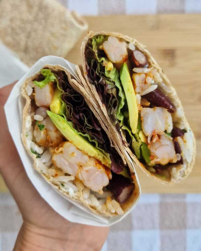 Healthy Shrimp Burrito with avocado, beans and yogurt recipe
