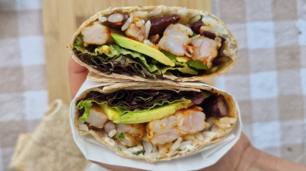 Healthy Shrimp Burrito with avocado, beans and yogurt recipe