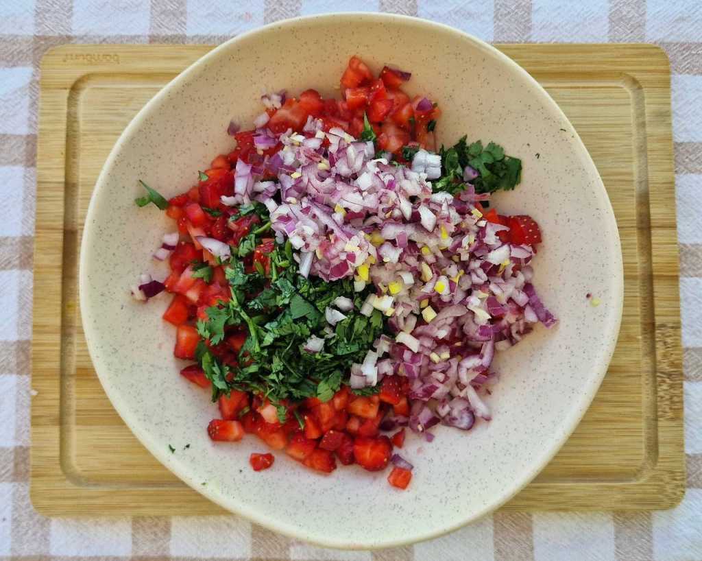 strawberries, red onion, cilantro, lime juice, honey