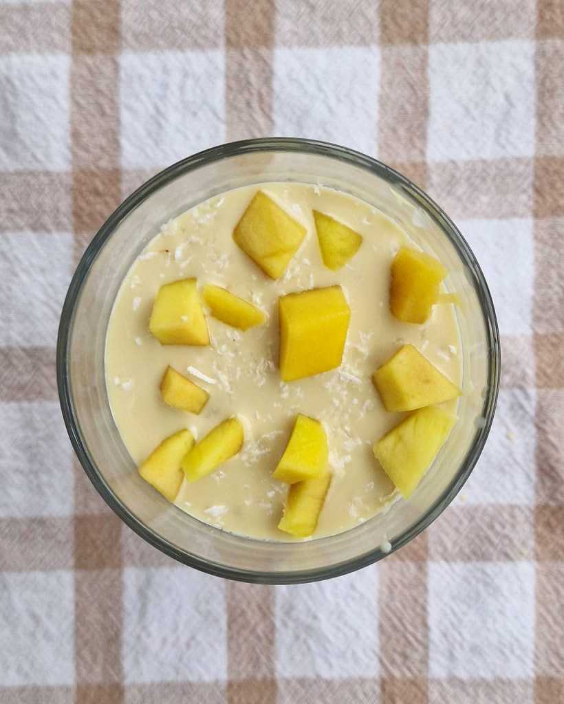 Mango Overnight Oats with coconut, chia seeds recipe with melted white chocolate