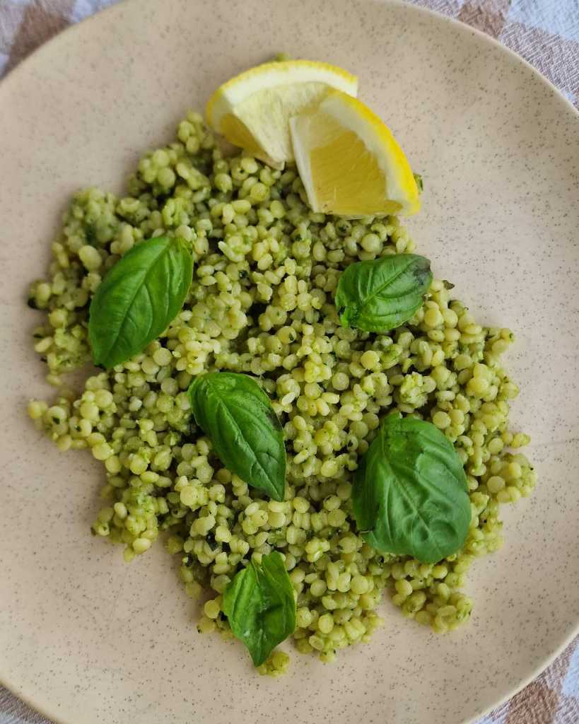 Pesto ptitim for Lemon Garlic Baked Sea Bass 