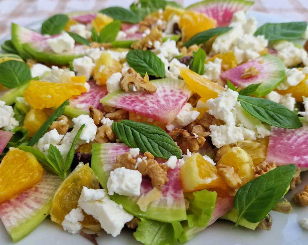 watermelon radish salad with herbs and feta