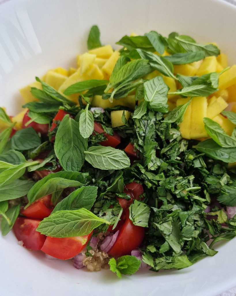 Quinoa Salad with mint cilantro cherry tomatoes mango