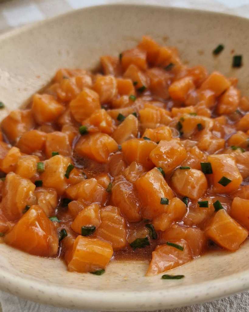raw Salmon in marinade for poke bowl recipe