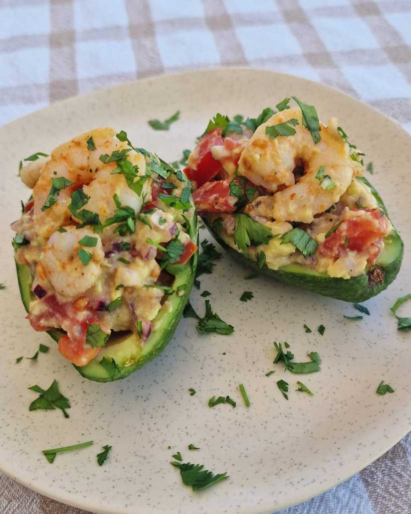 shrimp avocado boats with chopped cilantro