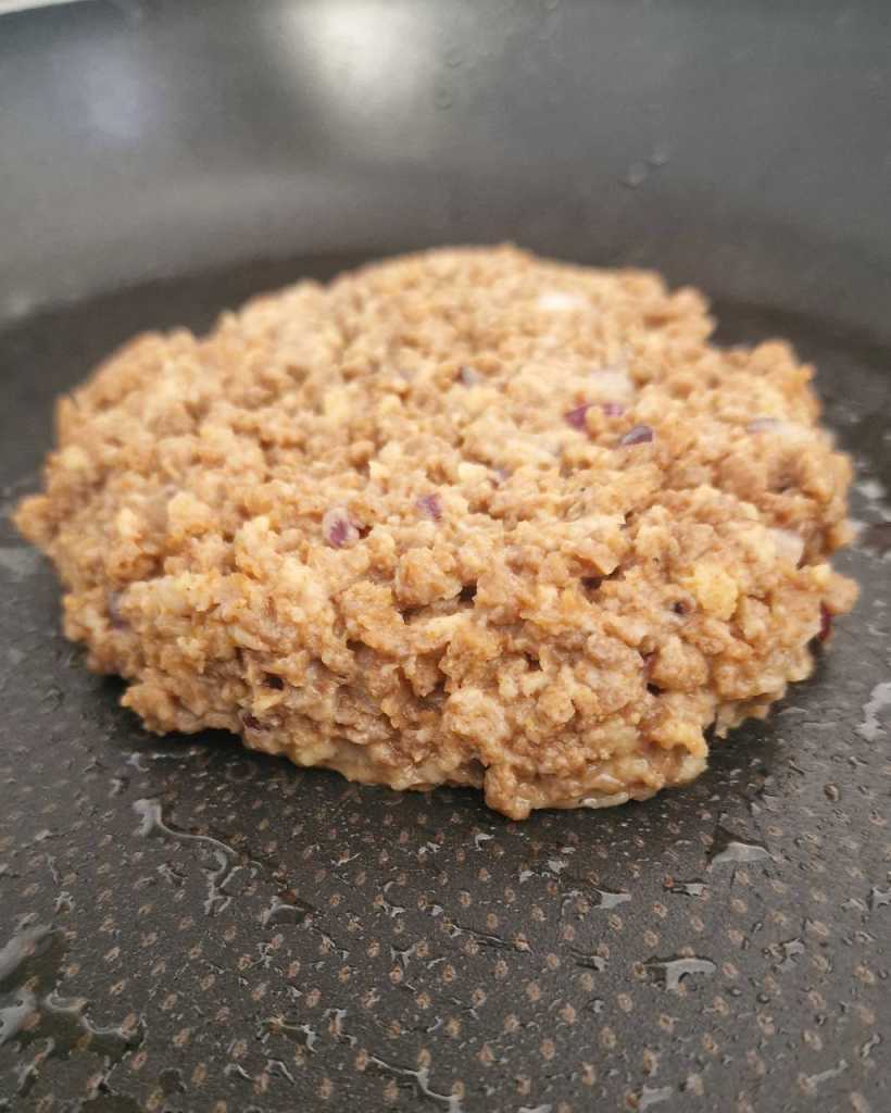 soya mince patty frying