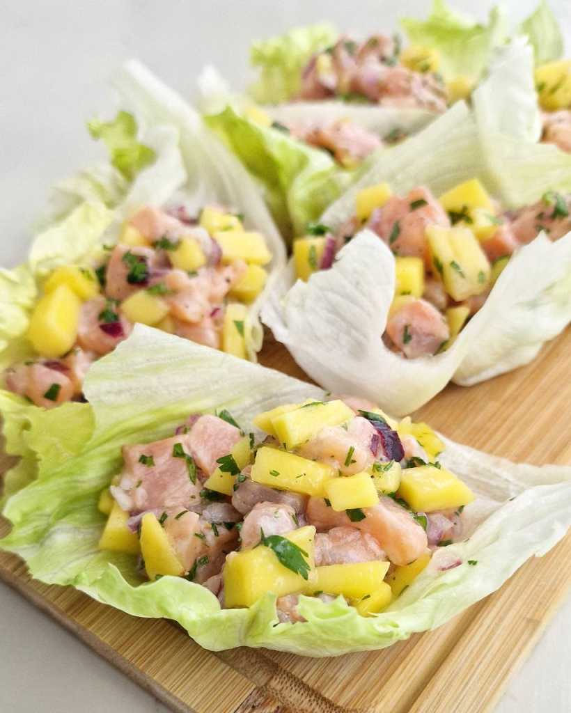 Salmon Mango Ceviche in lettuce boats