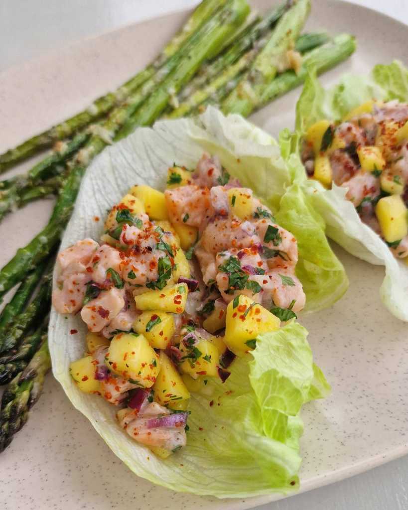 salmon mango ceviche with parmesan asparagus