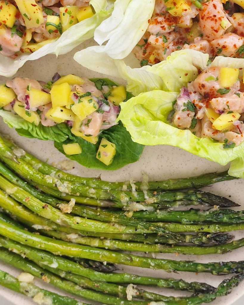 Parmesan baked Asparagus with Salmon Mango Ceviche Boats