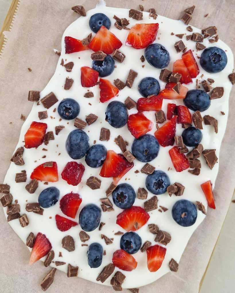 Yogurt Bark with blueberries and strawberries