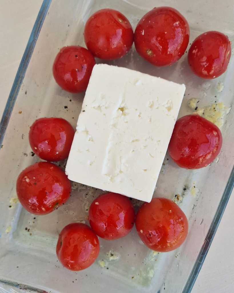 cherry tomatoes, feta cheese and garlic