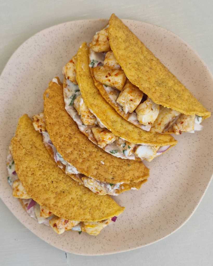 Whitefish Tacos with Baja sauce and red onion