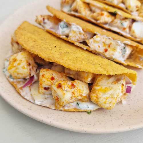 Whitefish Tacos with Baja sauce and red onion