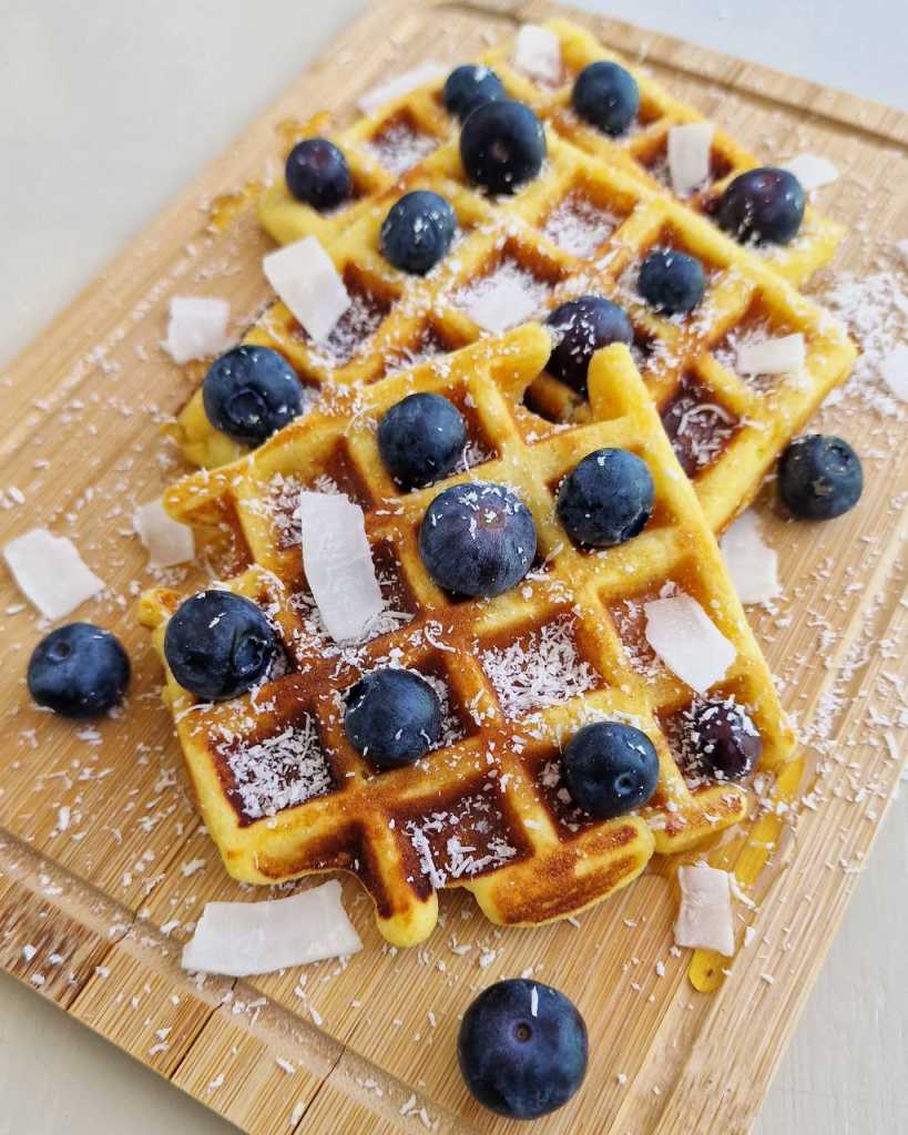Coconut Flour Waffles with blueberries and honey