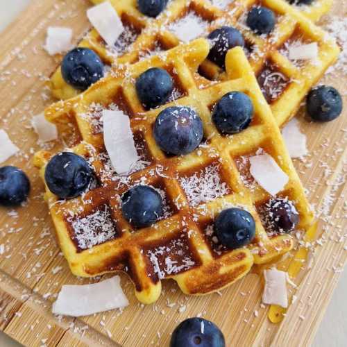 Coconut Flour Waffles with blueberries and honey recipe