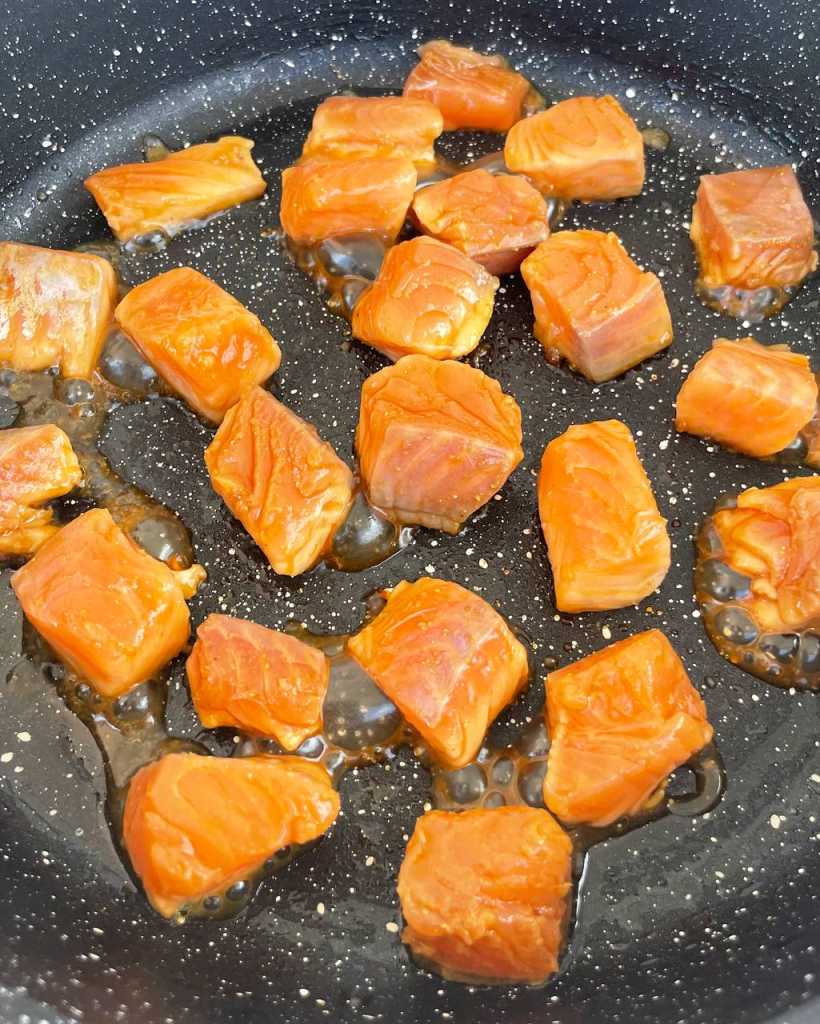 frying Teriyaki Salmon Bites