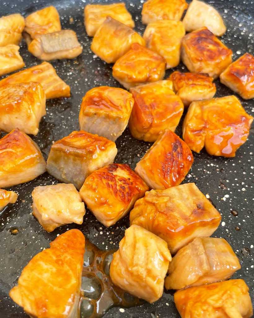 frying Teriyaki Salmon Bites