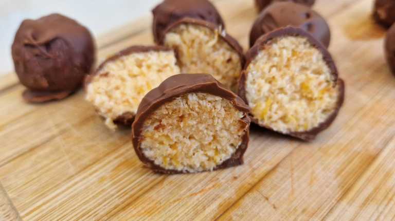 Chocolate-coated Peach Coconut balls recipe