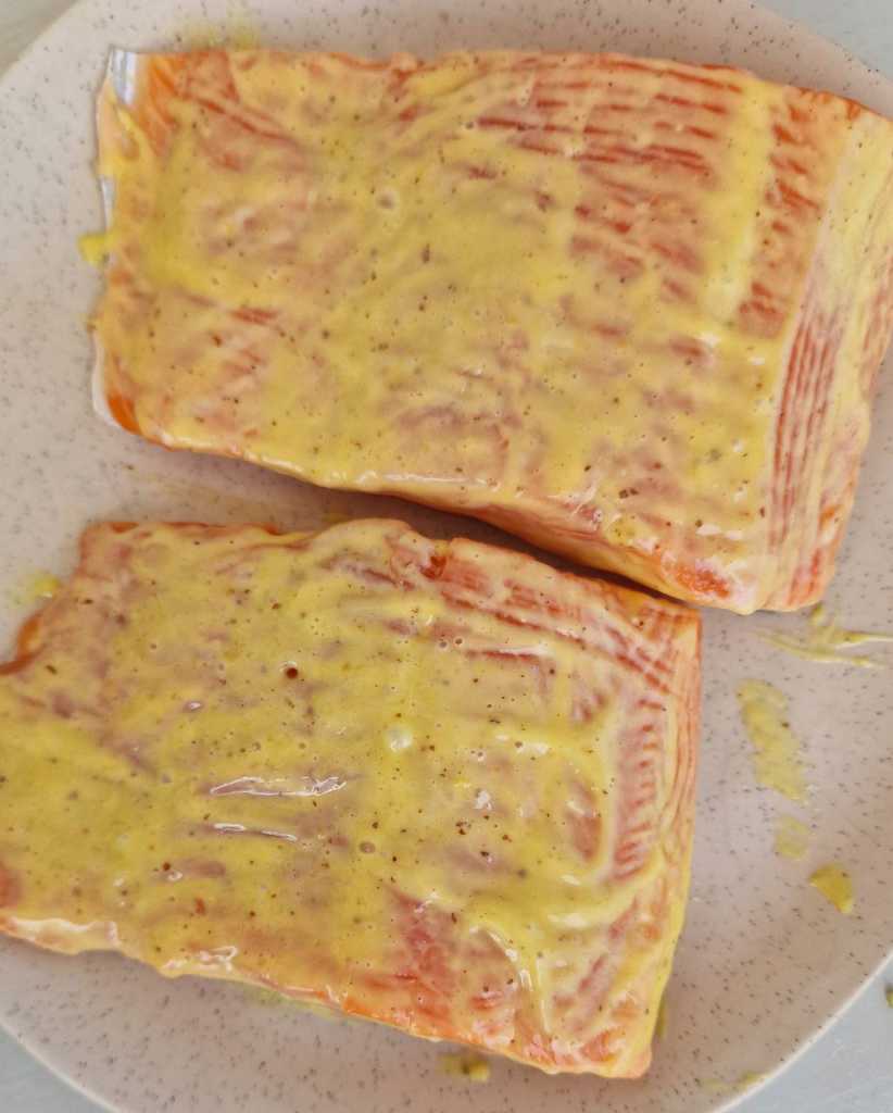 salmon brushed with mustard