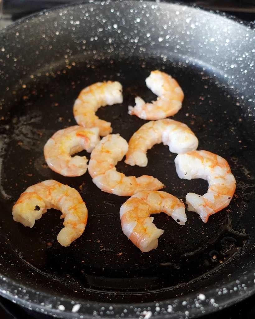 cooking shrimp for Mango Shrimp Burger
