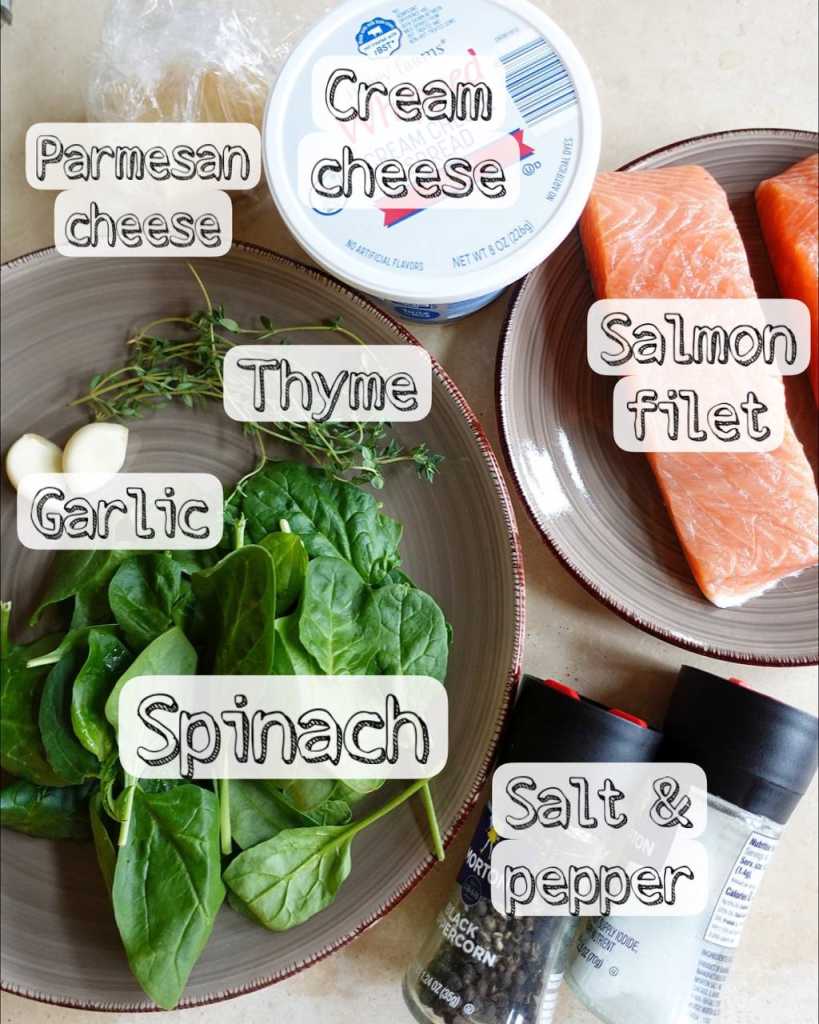 ingredients for Creamy Spinach Stuffed Salmon